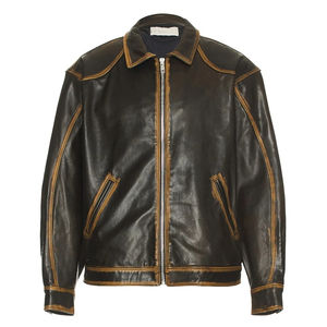 Chaqueta de cuero sintético con costuras desvanecidas personalizadas para hombre, 100% cuero genuino, estilo vintage, corte holgado, chaqueta frontal para hombre - Product Image 6