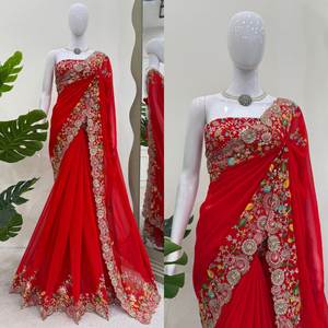 Saree en filet rouge brodé de fleurs multicolores avec bordure en dentelle Vêtements ethniques indiens pour réception de mariage et fête - Product Image 1