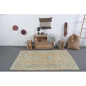 Tapis turc vintage en laine 3,7x6,3 pieds gris bleu patchwork avec envers en latex - Product Image 3