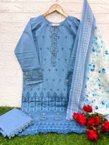 Traje de material de vestido de algodón puro pesado para mujer con bordado de impresión digital Colección Salwar Kameez - Product Image 3