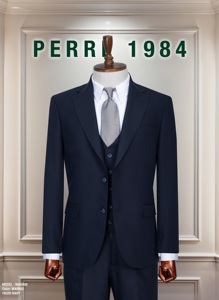 Costume d'affaires en laine bleu marine pour homme, croisé, col mandarin, coupe droite, infroissable, braguette boutonnée, style britannique en laine peignée - Product Image 4