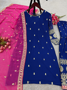 Diseñador indio y paquistaní Heavy Faux Georgette tela ropa de boda Vestido étnico moderno Sharara traje Palazzo Dupatta para mujer - Product Image 6