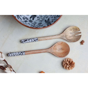 Bol de service de dîner en bois de mangue de vente chaude avec fourchette accessoire de table élégant de conception imprimée de forme ronde de haute qualité - Product Image 2