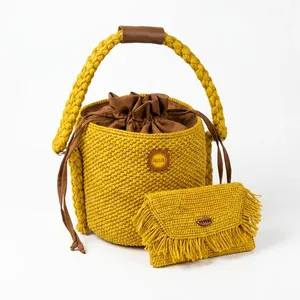 Ana Crochet Bucket <b>Bag</b> Women Bohemian Drawstring Handbag Yellow Cotton Lining Single <b>Strap</b> Durable Daily Use - Product Image 2