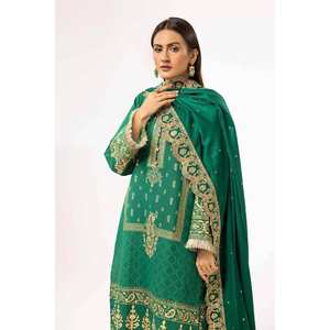 Traje Karandi de Satén Dorado de 3 Piezas Sin Coser con Chal de Pashmina Bordado y Estampado Laca AP-42046 - Product Image 6