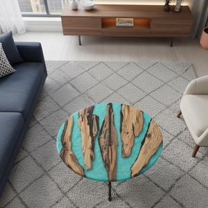 Table basse moderne en bois de noyer et résine époxy, plateau de table en résine époxy bleu rivière, table basse de salon, meubles de luxe faits à la main - Product Image 1