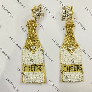 Pendientes colgantes con cuentas personalizables elegantes para novia de champán, joyería nupcial blanca hecha a mano para bodas chapada en oro - Product Image 5