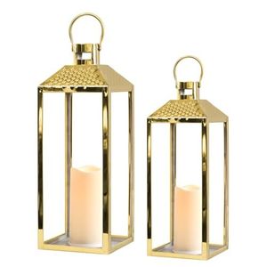 Linterna de Metal martillado con tapa de oro brillante para el hogar interior/exterior, linterna de suelo para acampar con vidrio, linterna decorativa de Navidad para el hogar - Product Image 1