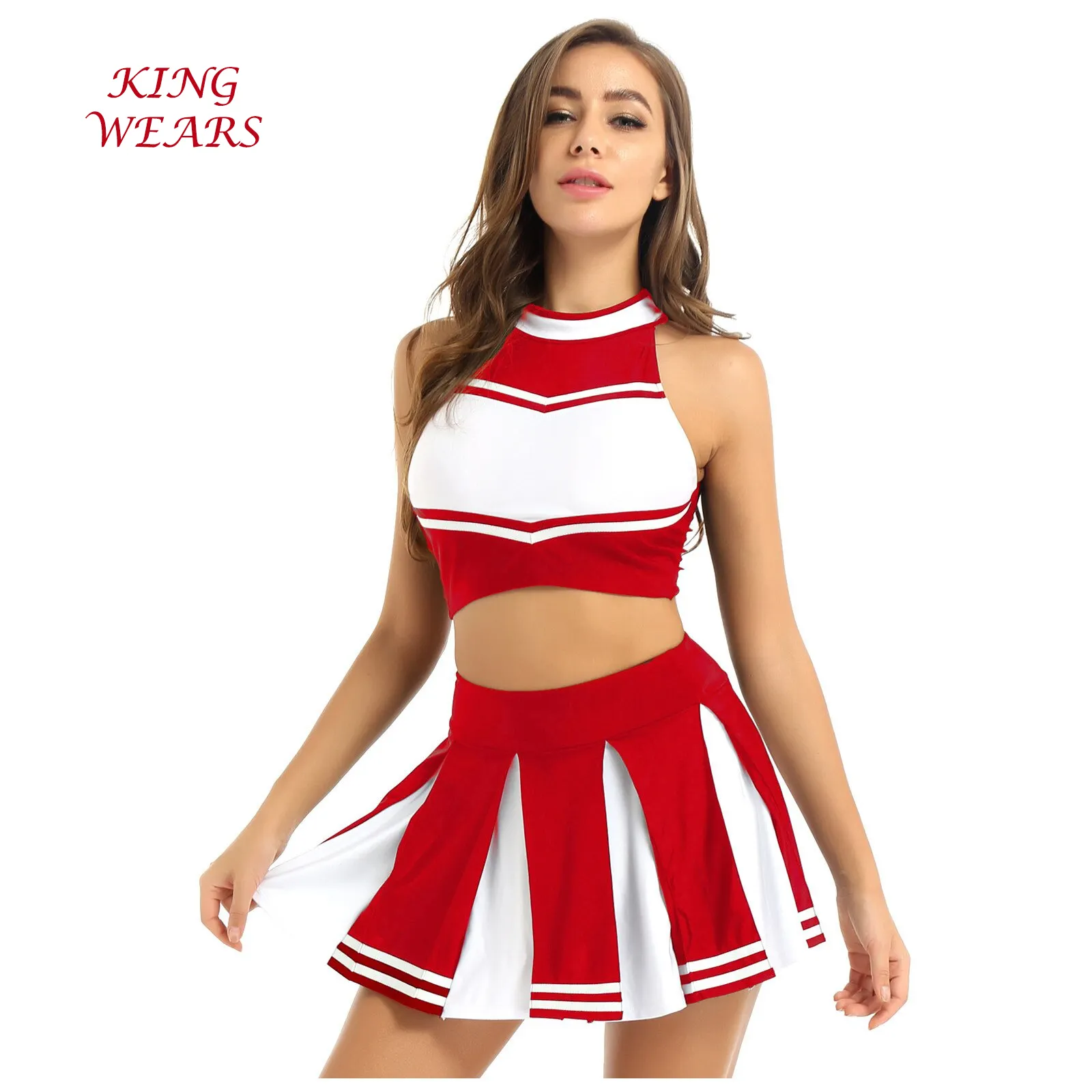 Custom Cosplay Cheerleading Uniform Jurk Cheerleader Kostuum Brief Gedrukt Geplooide Sexy Mini Jurk Volwassenen Cheer Dance Jurken