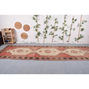 พรมตุรกีวินเทจคลาสสิกสีแดงสีเบจ4.2x13.8ft พื้นที่ขนาดใหญ่ขนแกะ kilim กับน้ำยางสนับสนุนรูปแบบการเย็บปะติดปะต่อกันสำหรับห้องโถงห้อง - Product Image 1