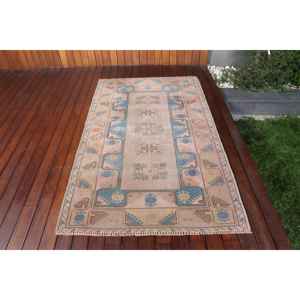 Alfombra Turca de 3.7x6.4 pies, Alfombra Azul Vintage del Suroeste, de Lana - Product Image 1