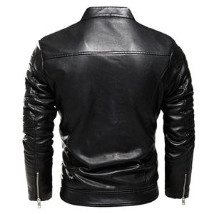 <b>Summer</b> Black PU Leather <b>Jacket</b> for <b>Men</b> Slim Street Fashion Biker Coat with Pleated Design Zipper Warm Fleece Motorcycle <b>Jacket</b> - Product Image 2
