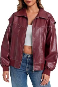 Chaquetas de bombardero de cuero de gran tamaño para mujer Abrigos de motocicleta con cremallera de manga casquillo con bolsillos - Product Image 2