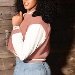 Chaqueta universitaria recortada de lana 100% para mujer, chaqueta universitaria de algodón con manga de cuero de invierno, chaqueta universitaria de béisbol para mujer, cuello redondo, transpirable - Product Image 6