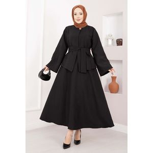 Ensemble jupe et veste décontracté et formel, design asymétrique avec boutons dorés, ceinture et couleur noire - Product Image 1
