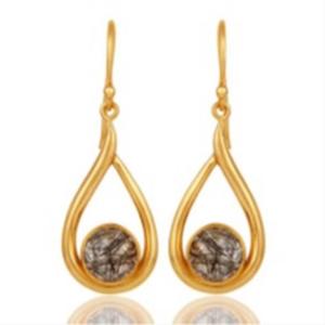 มาใหม่สีดำ Rutile Hydro พลอย925เงินสเตอร์ลิงรอบรูปร่างต่างหู - Product Image 1