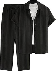 Ensemble 2 pièces pour homme, chemise à manches courtes à boutons, pantalon ample, tenue de plage estivale - Product Image 6