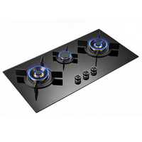 Table de cuisson à gaz encastrable pour cuisine intérieure, personnalisable pour usage domestique et hôtelier, 3 brûleurs, en verre trempé, avec capuchons de brûleurs en cuivre et protection anti-extinction de flamme