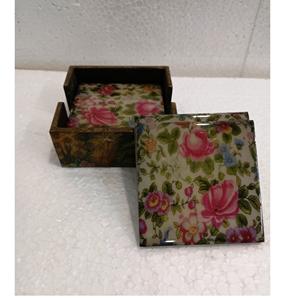 PINK FLORAL Heart Shaped Marble Coasters With <b>Gold</b> or Silver Natural Wood and Marble Mango coaster Made in India - Product Image 1