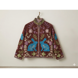 Blazer pour femme en velours et coton brodé à la main, motif floral lapin, col mandarin, manches longues, écologique, collection automne - Product Image 3
