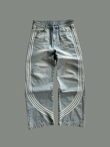 Fábrica lateral de algodón a rayas pierna recta Unisex Jean logotipo personalizado bordado lavado Casual Denim Pantalones holgados Jean Pantalones - Product Image 3