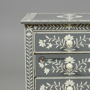 Mesita de noche con incrustaciones de hueso gris hecha a mano, patrón de vid Floral, mesa auxiliar de tres cajones - Product Image 4