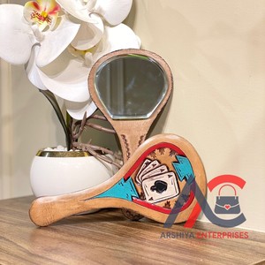 Hand Painted Genuine <b>Tooled</b> Leather Handheld Mirror Western Deck of Card Makeup Hand Mirror Vintage Design Perfect Gift for Wife - Product Image 1