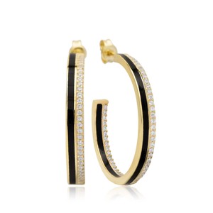 Pendientes de Aro con Diseño de Esmalte Negro y Circonita, Joyería Turca Artesanal de Plata de Ley 925 al por Mayor - Product Image 1