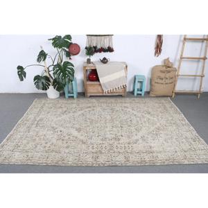 Vintage Rug, Large 5.6x8.4 ft Turkish Rug, <b>Brown</b> White Abstract <b>Wool</b> Rug - Product Image 3