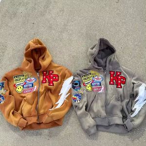 Otoño Invierno 100% algodón Sudadera con capucha para hombre y mujer sudadera Retro nacional estampado grueso cálido cremallera completa estilo callejero - Product Image 5