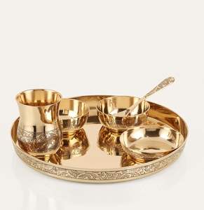 Hotel Restaurant Copper Kansa Thali Dinnerware Set Gold Inlay Classic Modern Eco-Friendly Matt Polished 100% Food Grade - Product Image 4