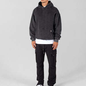 เสื้อผ้าแนวสตรีทมีฮู้ดโอเวอร์ไซส์ของผู้ชายผ้าคอตตอนสี100% สไตล์วินเทจฟอกสีดำแบบกำหนดเอง - Product Image 4