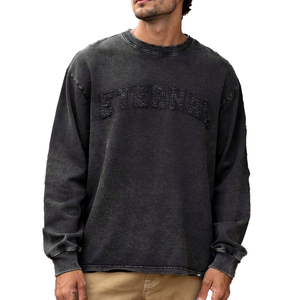 Full <b>long</b> <b>sleeve</b> retro stone washed t shirts custom distressed embroidery vintage acid wash t-shirts <b>men</b> oversized <b>tshirt</b> unisex - Product Image 1