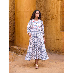 Cotton Solid Maxi <b>Dress</b> <b>with</b> Puff <b>Sleeves</b> Collarless A-Line Regular Fit Embroidery Breathable Asymmetric Casual <b>Summer</b> for Women - Product Image 1