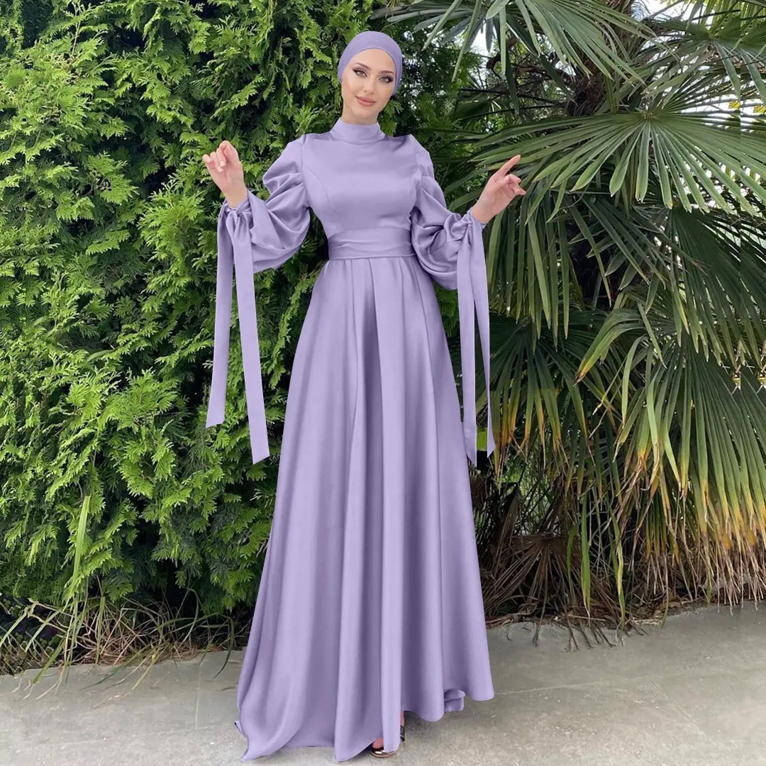 F1418# Fashion Solid Color Elegant Satin Long Sleeve Muslim Modest Evening Dress Gowns For Women
