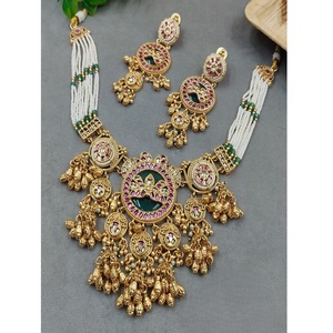 Ensemble collier et boucles d'oreilles en laiton plaqué or de qualité supérieure, orné de pierres Kundan Polki Rajwadi, cadeau de mariage traditionnel pour femmes - Product Image 2
