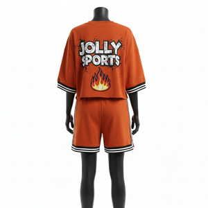 Conjunto de camiseta y pantalones cortos de algodón jersey premium de 200 GSM para mujer, color naranja quemado, con logo personalizado serigrafiado, top corto y pantalones cortos 100% algodón. - Product Image 3