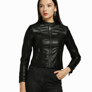 Veste en cuir de motard zippée de couleur noire unie veste en cuir PU pour femmes d'entraînement sportif vierge de haute qualité personnalisée OEM - Product Image 1