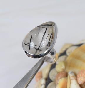 Anillo de Plata de Ley 925 Rutilo negro Anillo de piedras preciosas de Plata de Ley 925 Piedra NATAL DE ENERO Piedra preciosa de pera suave Regalo para ella - Product Image 4