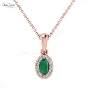 Pendentif Halo en émeraude ovale de 5x3 mm, or massif 14 carats, diamant, pendentif de mariage pour femmes, prix promotionnel - Product Image 3