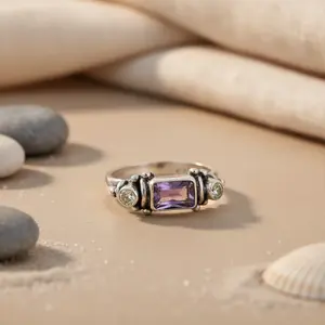 Boucles d'oreilles fines en argent 925 pour femmes, bijoux en pierre précieuse améthyste, bague - Product Image 1