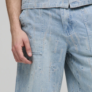 Shorts en jean pour homme en coton mélangé confortable et décontracté, lavage clair, fermeture éclair et bouton, vêtements décontractés, prix d'usine avec logo - Product Image 3