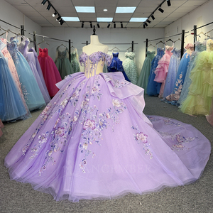 Vestido de Quinceañera de Tul Lila con Borlas y Escote Corazón, Estilo Imperio, Largo hasta el Suelo, con Estampado y Bordado, Antiestático, Modelo 6932 Popular - Product Image 2
