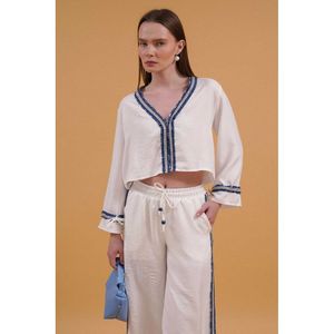 Camisa de Lino para Mujer TOPSHOW con Detalle de Rayas Vaqueras - Blusa de Algodón y Poliéster al por Mayor para Uso Casual - Product Image 1