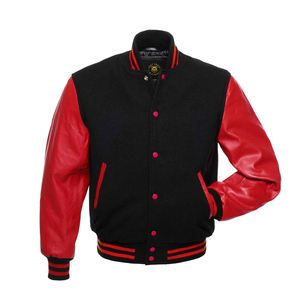 Veste bomber à manches en cuir rouge écarlate - corps noir, veste de baseball, veste universitaire en cuir - Product Image 2