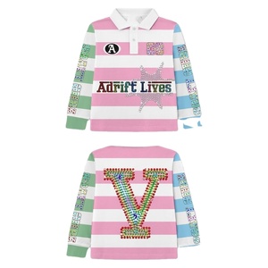 เสื้อรักบี้พรีเมียมผสมผ้าฝ้าย GSM โพลีเอสเตอร์ สีชมพูขาวลายทาง ประดับคริสตัล พิมพ์ลายโลโก้ตามสั่ง สำหรับผู้ชาย เสื้อโปโลรักบี้ - Product Image 1