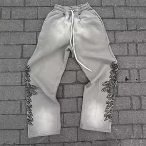 Pantalon de survêtement évasé personnalisé délavé à l'acide pour hommes 100% coton vieilli Style vintage Rhinestone Logo Straight Fit Casual Pants - Product Image 1