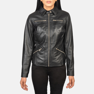 Chaqueta de Cuero Genuino Negra para Mujer, Cuello Camisero, Cierre de Cremallera, Bolsillos en el Pecho, Chaqueta de Motera de Piel de Oveja, Prenda Exterior Clásica Informal Personalizada - Product Image 1