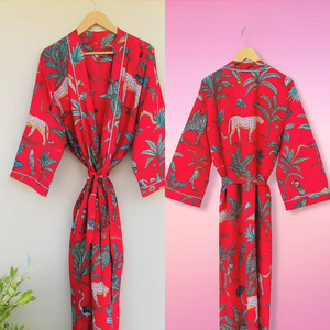 2025 léger coton salon porter exotique Animal Nature imprimé à manches longues peignoir ceinture Kimono-Style Wrap 100% soie doux devant - Product Image 1