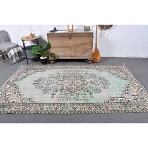 Tapis Turc Vintage 4'9 "X 8 'Vert Beige Classique Grande Surface Rectangle Peluche Laine Latex Classique Patchwork pour Couloir pour Chambre - Product Image 1